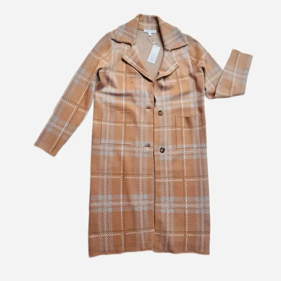 LOVE + LUXE ~ Plaid Tan Longline Cardigan/Coat w/Hints of Blue and Off White - Picture 8 of 9